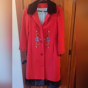 Embroidered Sz 12 Hannah Anderson Red Wool Coat with Black Collar